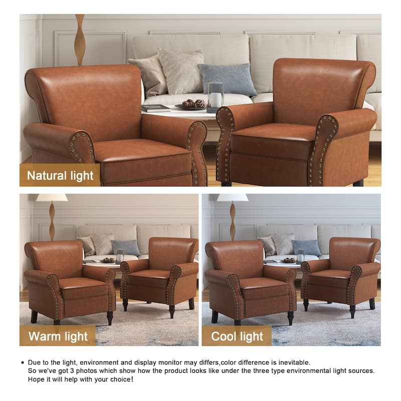 Rolled Armrests PU Accent Chair with Nailhead Trim (Set of 2)
