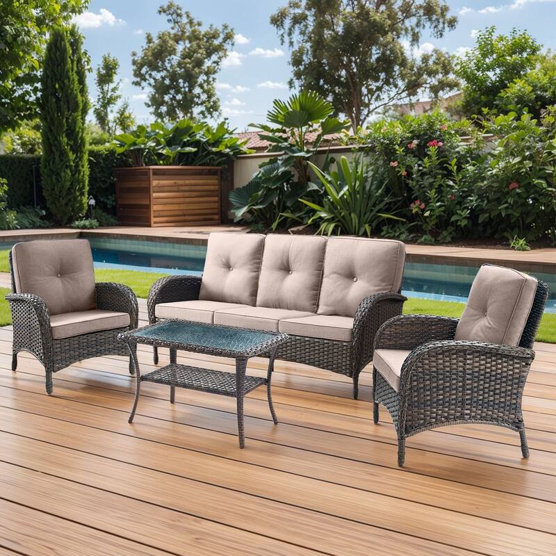 Gymojoy 4-Piece Outdoor Wicker Patio Furniture with 3 Seat Sofa, Rattan Coversation Set with Water Resistant Cushions