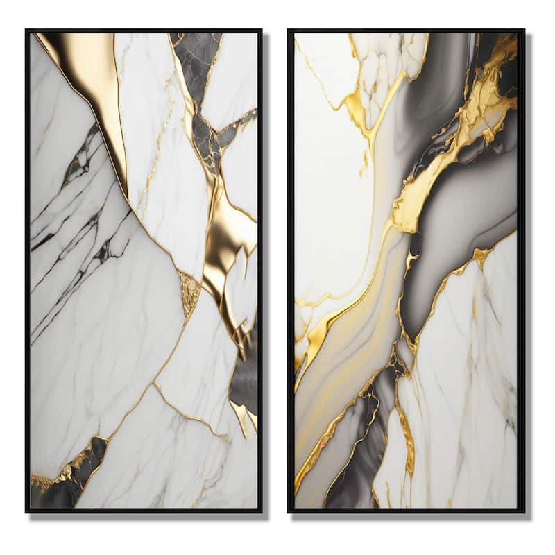 Designart "Abstract Geode Marble White And Gold" Abstract Marble Framed Canvas Set Of 2 For Living Room Decor
