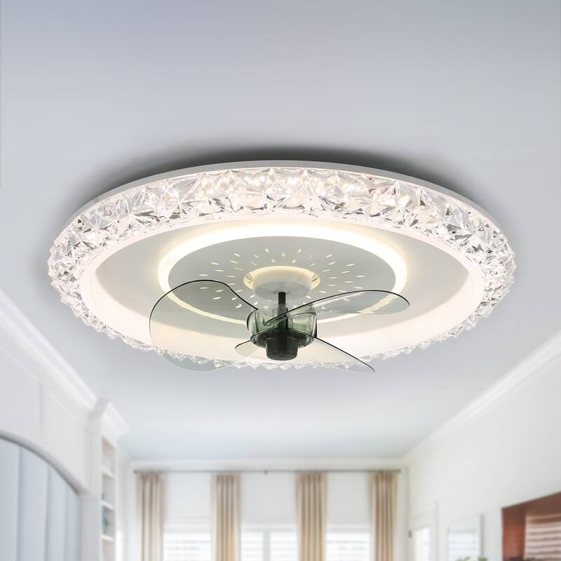 Bella Depot 20" White Modern Flush Mount Ceiling Fan,6- Speed Low Profile Crystal Ceiling Fan with Remote and Dimmable Light