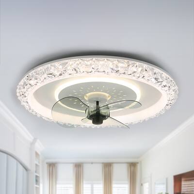 Bella Depot White Modern Flush Mount Ceiling Fan Low Profile Crystal Ceiling Light with Remote and Dimmable Light