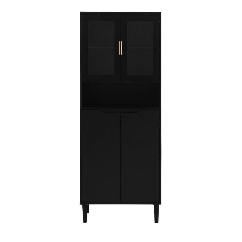 Tall Kitchen Pantry Cabinet with 2 Glass Display Doors & 2 Solid Doors