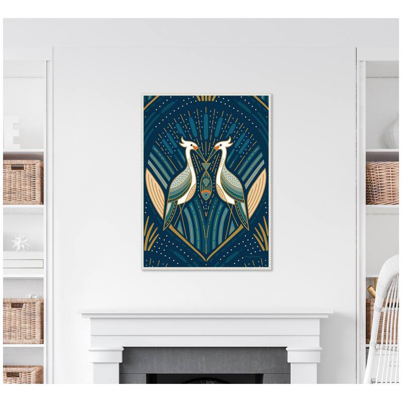 Kate and Laurel Sylvie Art Deco Herons Blue Framed Canvas by Carey Copeland