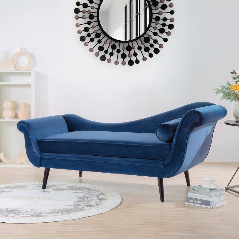 Chaise Lounge Indoor with Scroll Arms,Upholstered Chair Recliner Couch with Rolled Accent Pillow and Solid Wood Legs