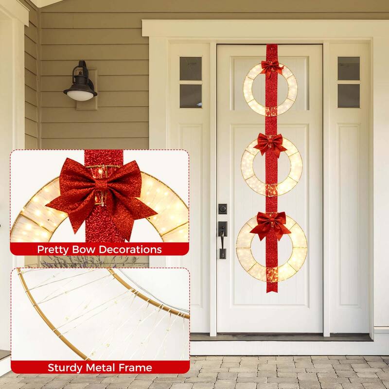 Costway Set of 3 Pre-Lit Wreaths with 450 LED Lights Bows & Hanging - See Details