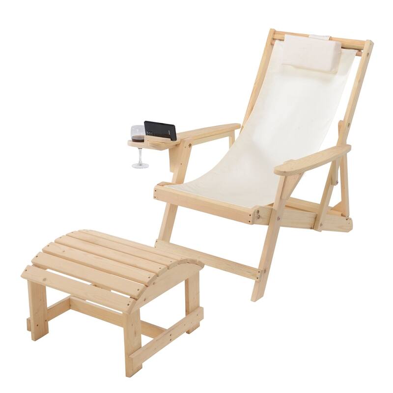 Romantic Collection Canvas Sling Chair with Cup and Wine Holder and Ottoman - Natural Frame Beige Cushion
