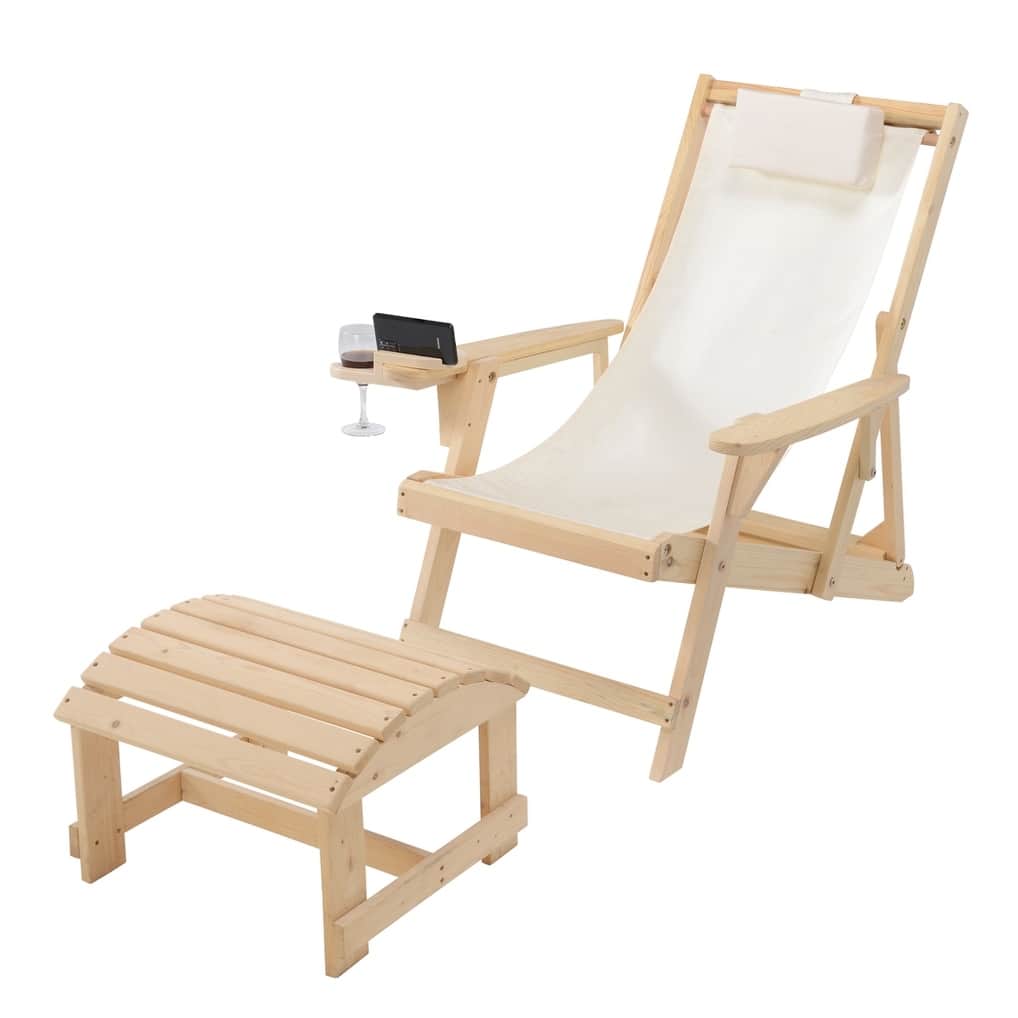 Romantic Collection Canvas Sling Chair with Cup and Wine Holder and Ottoman