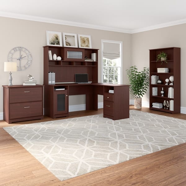 slide 2 of 11, Cabot 60W L-Desk with Hutch, Cabinet and Bookcase by Bush Furniture Harvest Cherry