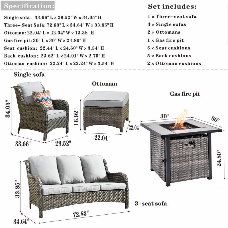 OVIOS Grey Wicker 8-piece Patio Furniture Set With Fire Pit