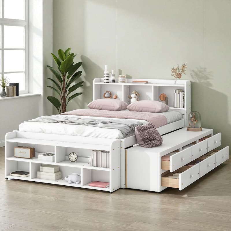 Full Size Wooden Storage Bed with Bookcase Headboard, 6 Drawers, and Bed-End Storage Case