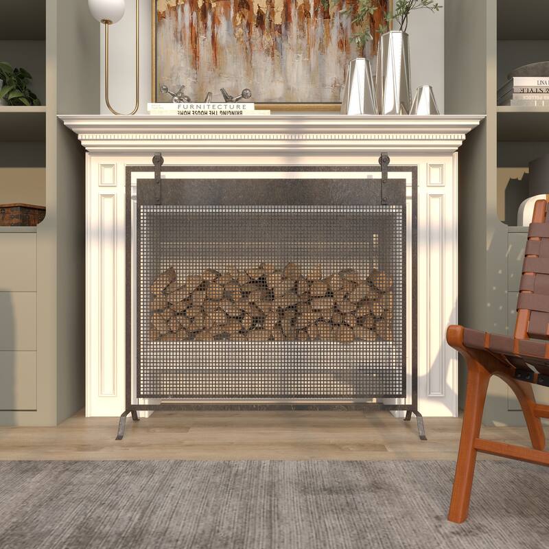 Black Metal Suspended Grid Single Panel Geometric Fireplace Screen with Bolted Detailing