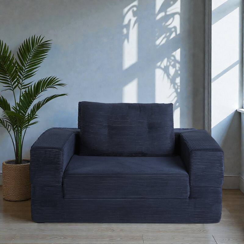 Compression Human Dog Sofa Bed, 3-in-1 Corduroy Floor Couch with Pillow, Folding Lounger for Adults & Pets - Dark Blue