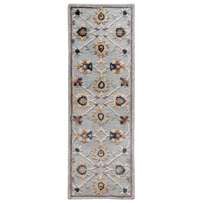 Sevita Lilly Farmhouse Damask Gray/Beige Handmade Wool Indoor Area Rug - 2'3" x 6'9"