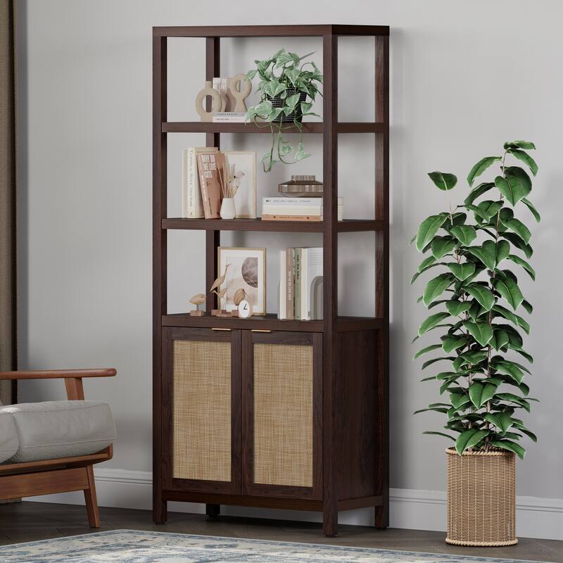SICOTAS 5 Tier Adjustable Bookshelf with Rattan Storage Cabinet
