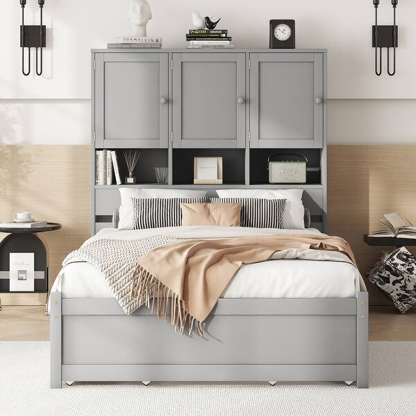 slide 2 of 12, Storage Platform Bed with Headboard 9 Shelves and 4 Drawers, Gray Gray - Full