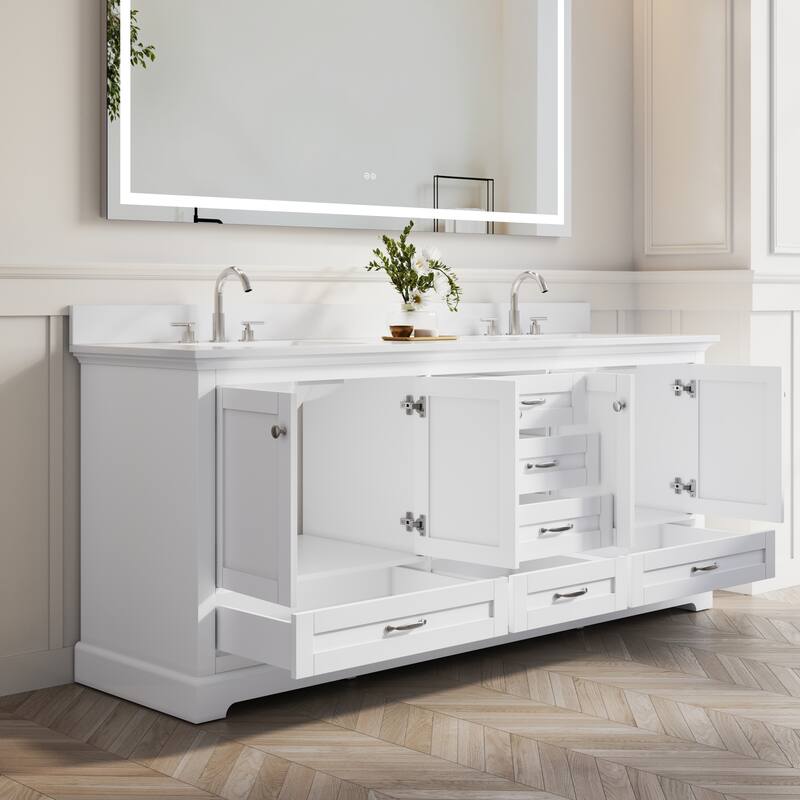 80''W Solid Wood Frame Bathroom Vanity With Pure White Culutered Marble Countertop And Double Sink