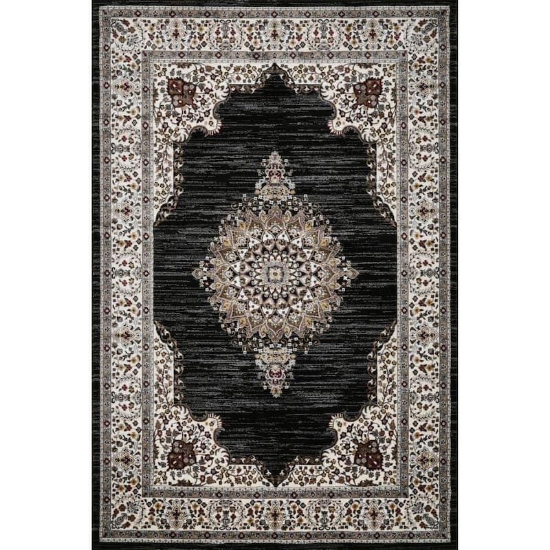 Master Collection Medallion Transitional Area Rug - Black - 8' Runner