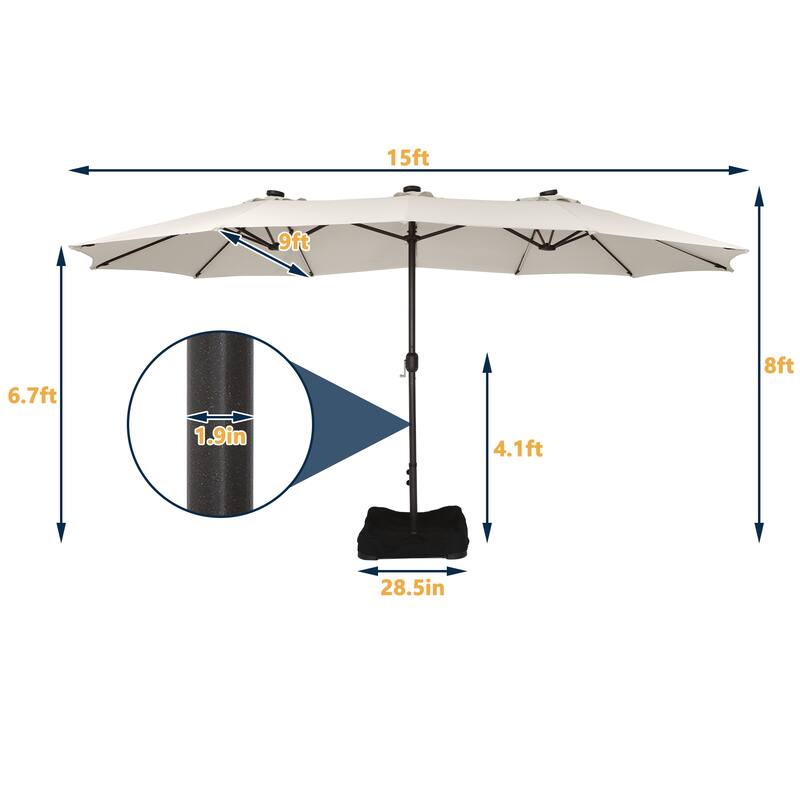15 Ft Outdoor Solar Detachable Lights Rectangular Crank Market Umbrella with Base