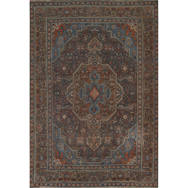 Gray Geometric Tabriz Persian Vintage Rug Handmade Wool Carpet - 6'8"x 9'7"