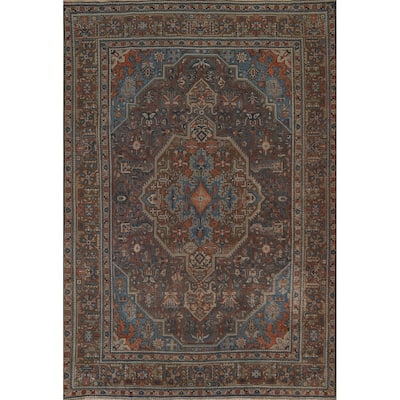Gray Geometric Tabriz Persian Vintage Rug Handmade Wool Carpet - 6'8"x 9'7"