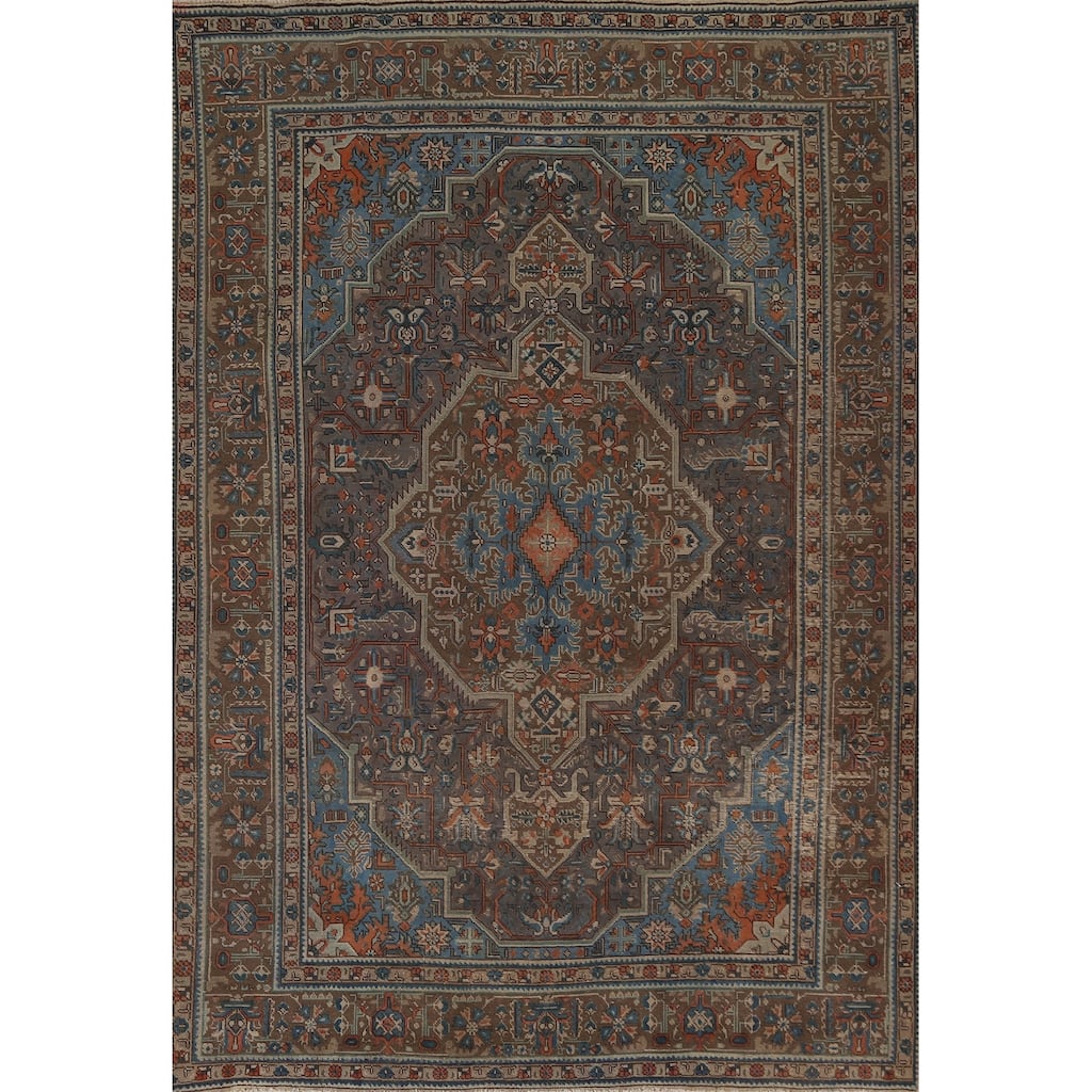 Gray Geometric Tabriz Persian Vintage Rug Handmade Wool Carpet - 6'8"x 9'7"