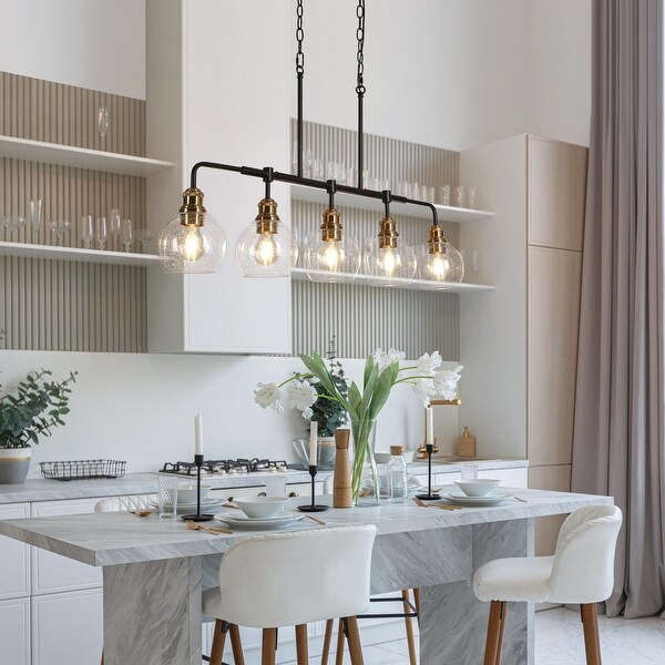 Zenith Modern Transitional 40 Inch Black Gold Linear Chandelier Kitchen Island Farmhouse Dining Pendant with Seeded Glass