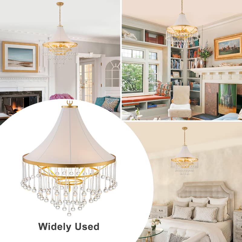 Brushed Gold Crystal Tiered Chandelier with Linen Shade Dining Room - Dia.23.62-in