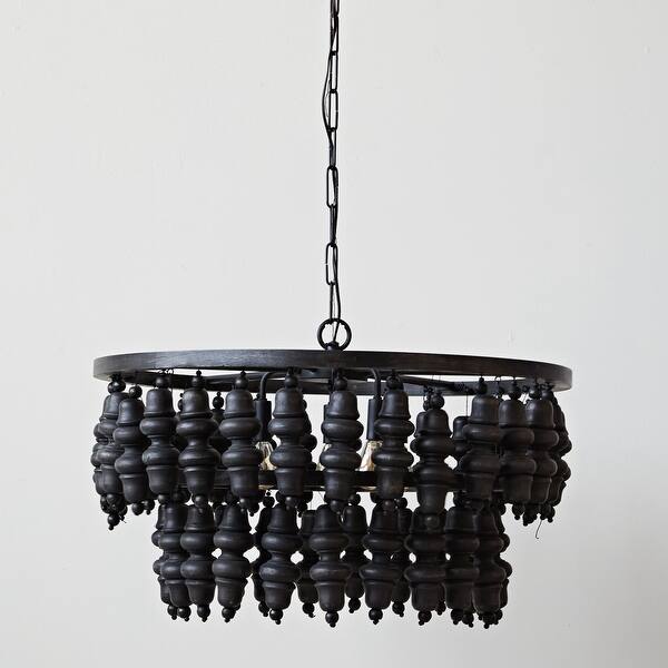 slide 2 of 3, Metal and Mango Wood Bead Chandelier with Five Lights - 28.0"L x 28.0"W x 17.0"H 28.0"L x 28.0"W x 17.0"H - Black