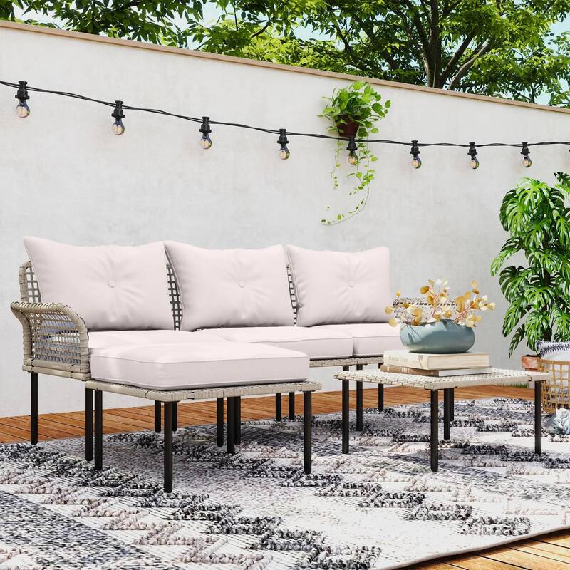 5PCS PE Rattan Patio Set, Sofa Chaise Coffee Table, White Weatherproof