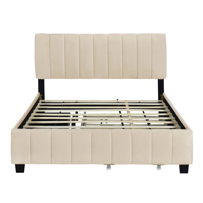 Elegant Queen Velvet Platform Bed with Storage Drawers & Trundle for Extra Space