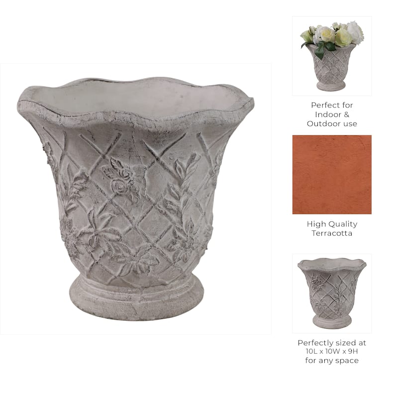 Terracotta Planter Embossed Floral Design Antique Texture - 9" Tan - 10" x 10" x 9"