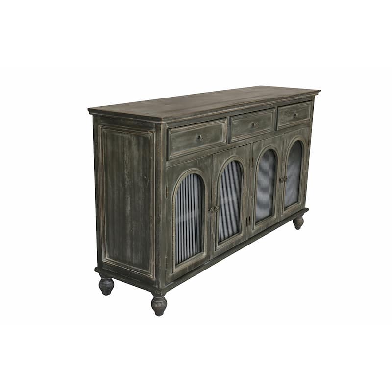 59.06"Farmhouse Sideboard Buffet Cabinet, Distressed Wood Credenza with 3 Drawers & 4 Glass Doors, Storage Cabinet with Shelves