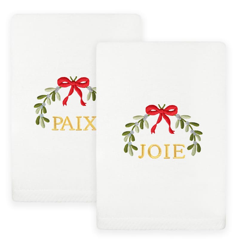 Authentic Hotel and Spa Christmas MISTLETOE PAIX and JOIE Embroidered Luxury 100% Turkish Cotton Hand Towels Set of 2 - White