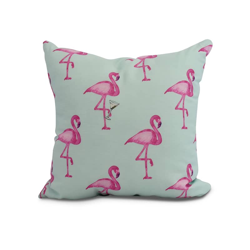 16 x 16 Inch Flamingo Fanfare Martini Animal Print Outdoor Pillow - Aqua