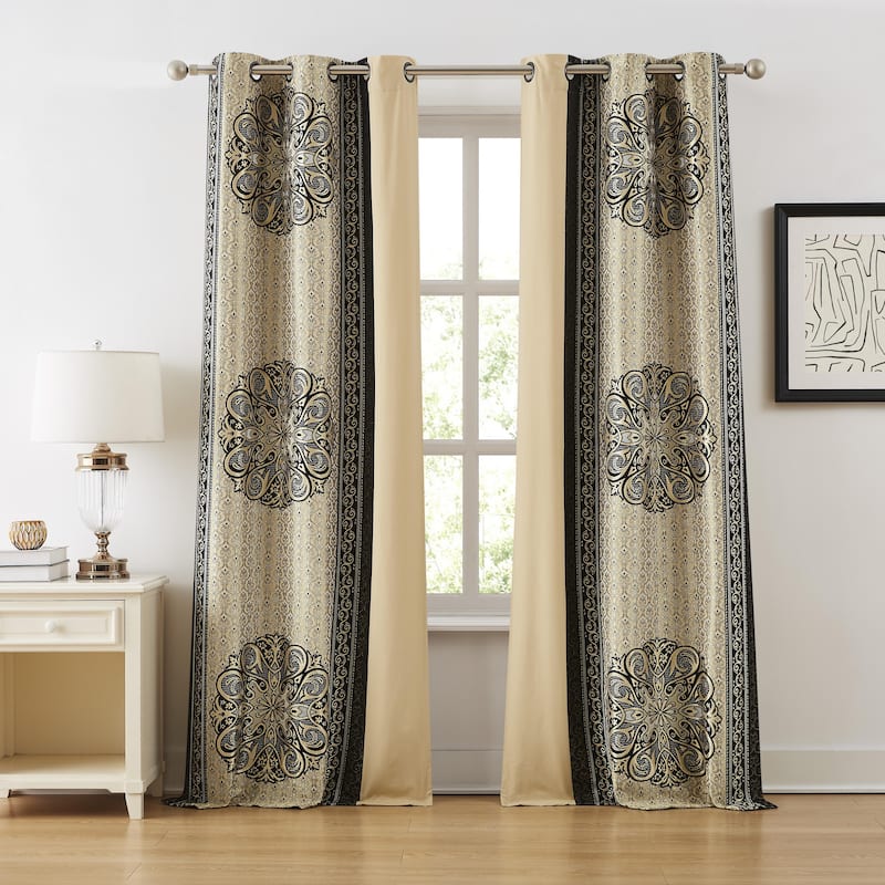 Nanshing Prince Set of 2 Medallion Grommet Curtains - 37" X 84" - Black Gold