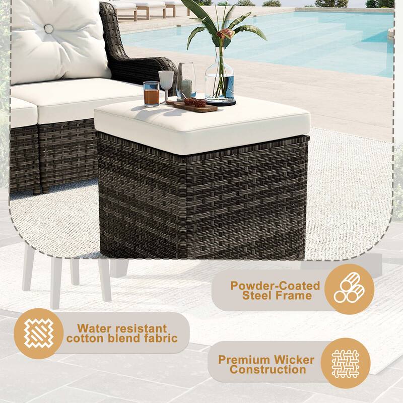 17.7" W Outdoor Rattan Patio Square Ottoman with Seat Cushion