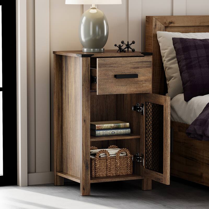 WAMPAT Farmhouse End Table with Drawer and Rustic Mesh Door Stroage