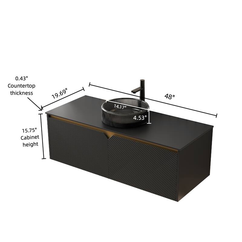 30"/36"/48" Floating Bathroom Vanity with Vessel Sink, Wall Mounted Sintered Stone Countertop Bathroom Storage Cabinet
