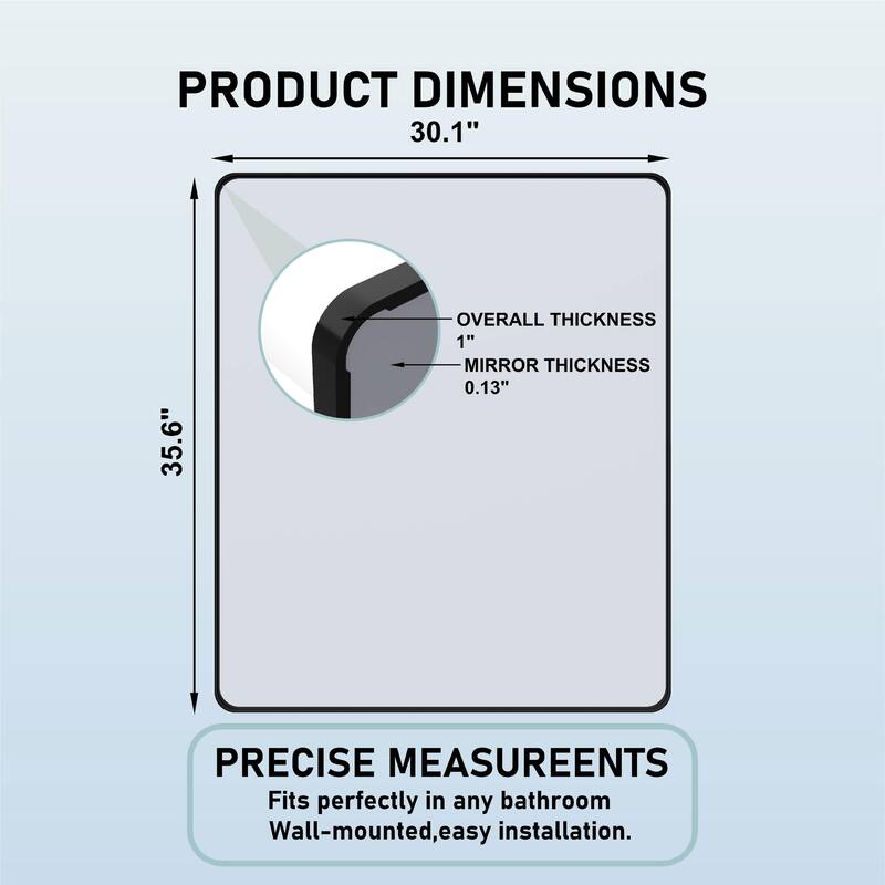 30 x 36 Inch Black Metal Framed Rectangular Tempered Bathroom Mirror for Wall