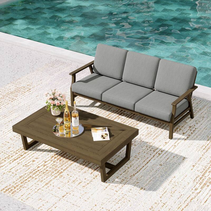 2-Piece Teak Outdoor Sofa Set with Table - Grey/coffee table - Brown Wood