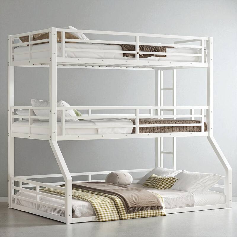 Metal Triple Bunk Bed Twin over Twin over Full with Safety Guardrails, Noise-Free Frame, Heavy-Duty Design - White - Full