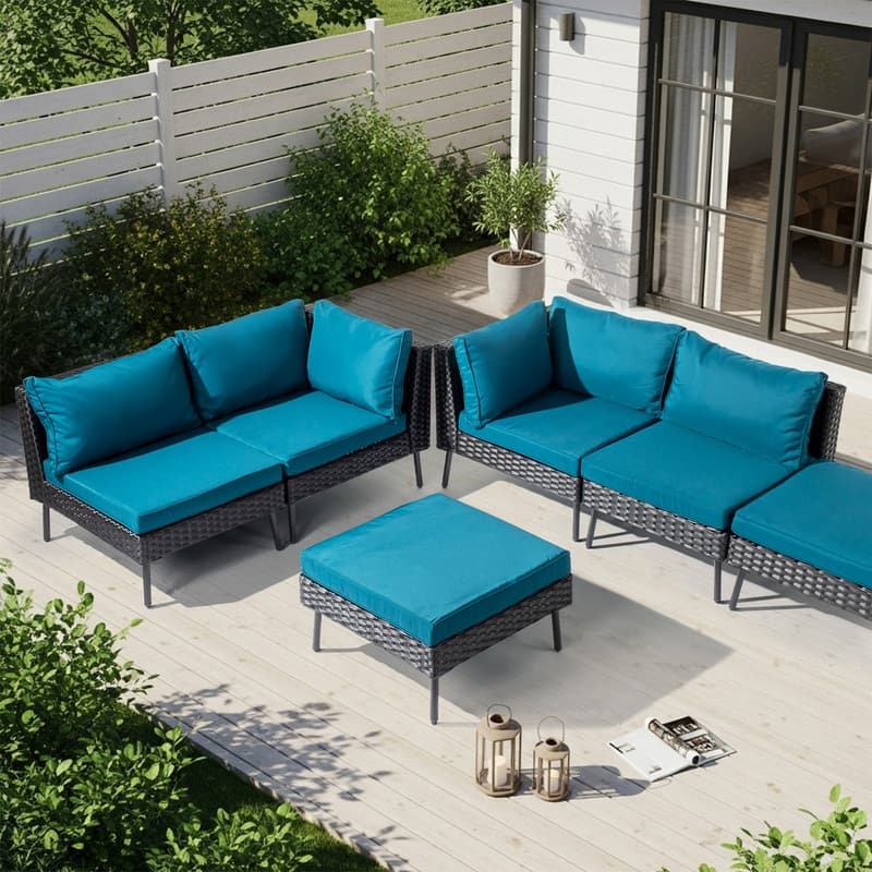 Patio 6-Piece Wicker Sectional Sofa Set with Corner & Ottomans, Adjustable Iron Feet