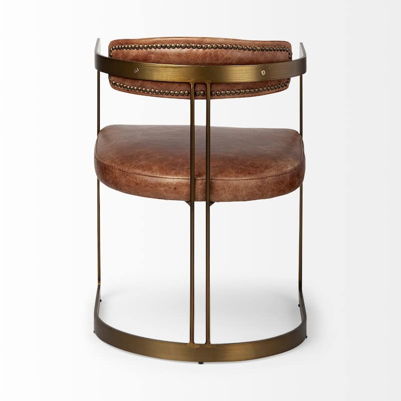 Modern Brown Leather Dining Arm Chair with Gold Metal Legs and Open Back Comfortable Seating - 29.5”H x 22.5”W x 20”D