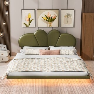Queen Size Upholstered LED Floating Bed with PU Leather Headboard - Beige