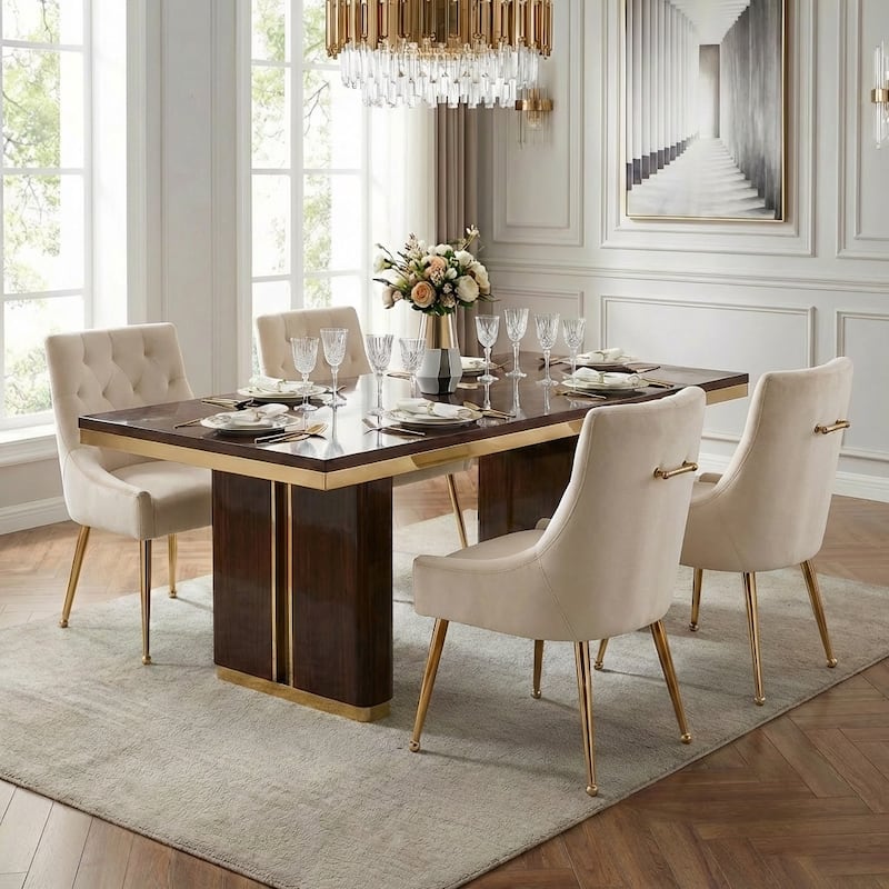 Modern Velvet Dining Chairs Set of 4, Upholstered Accent Chair Tufted Back Armless Chair with Back Pull - Beige