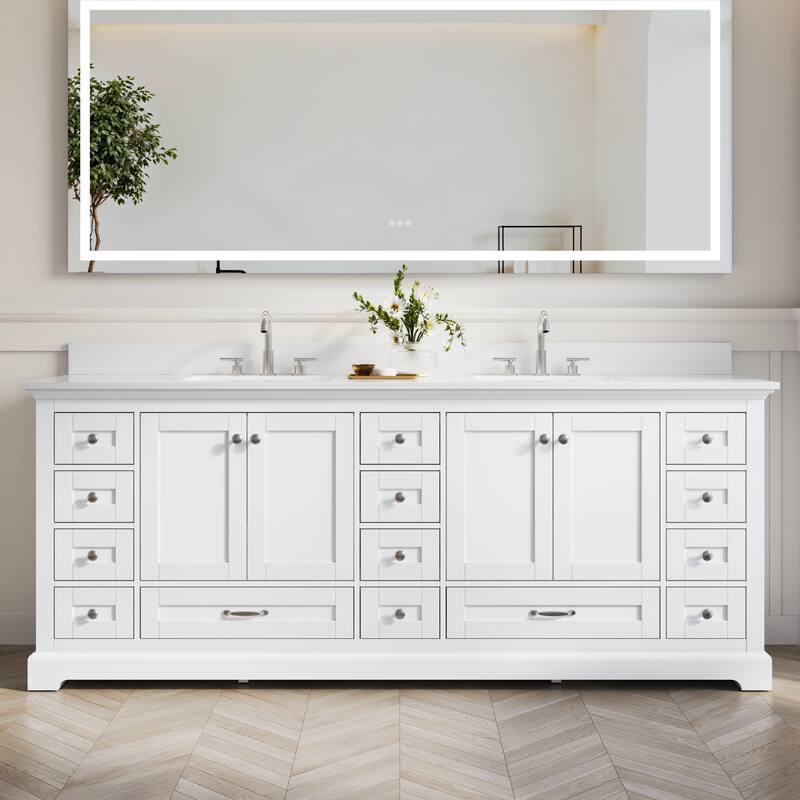 84''W Solid Wood Frame Bathroom Vanity With Pure White Culutered Marble Countertop And Double Sink
