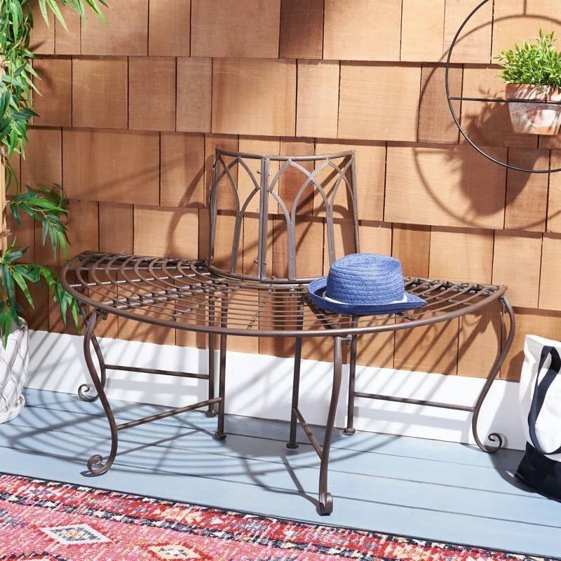 Rustic Bronze Brown Wrought Iron Half-Circle Tree Bench for 2 - 23.5” D x 50'' W X 30.8'' H