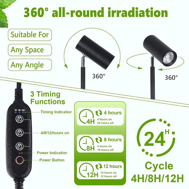 Full Spectrum Grow Light with Adjustable Height, 360° Rotation, and Timer - Black