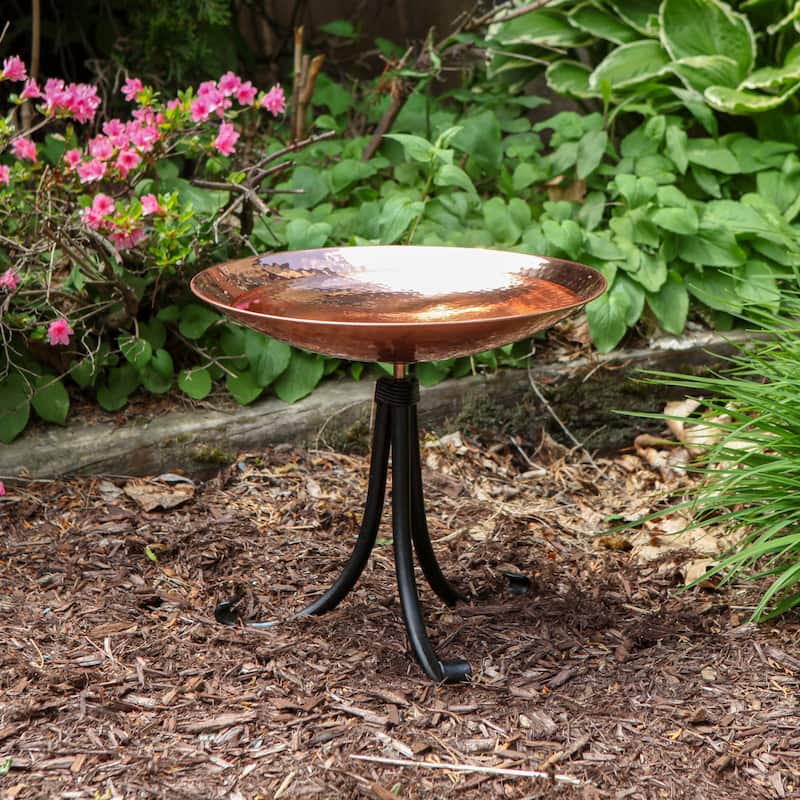 Achla Designs 14"W Round Polished Copper Plated Stainless Steel Birdbath w/ Black Wrought Iron Tripod Stand