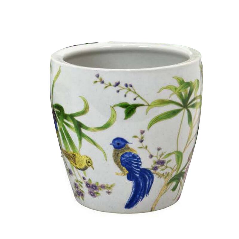 Kerry Planter Pot Set of 4, Floral Bird Pattern, White Green Ceramic
